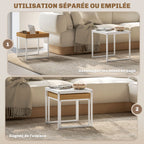 Lot de 2 tables basses gigognes carrées, tables gigognes de salon avec cadre en acier, style moderne, blanc-3
