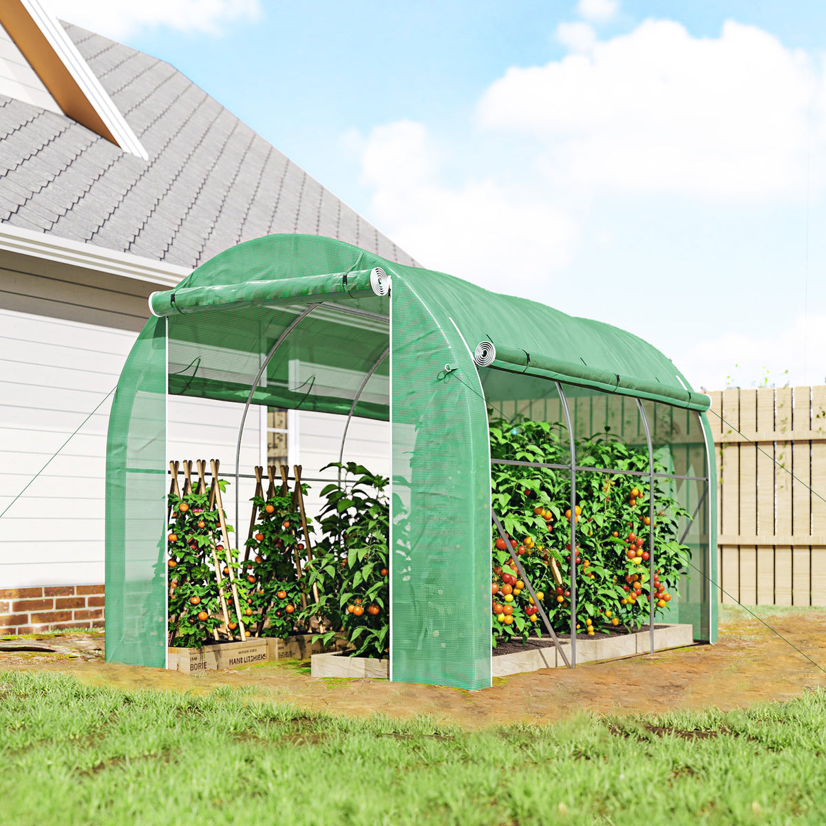 Serre tunnel de jardin 6 m² 3 x 2 m avec 1 porte + 2 parois latérales zippées enroulables, 6 fenêtres, vert-1