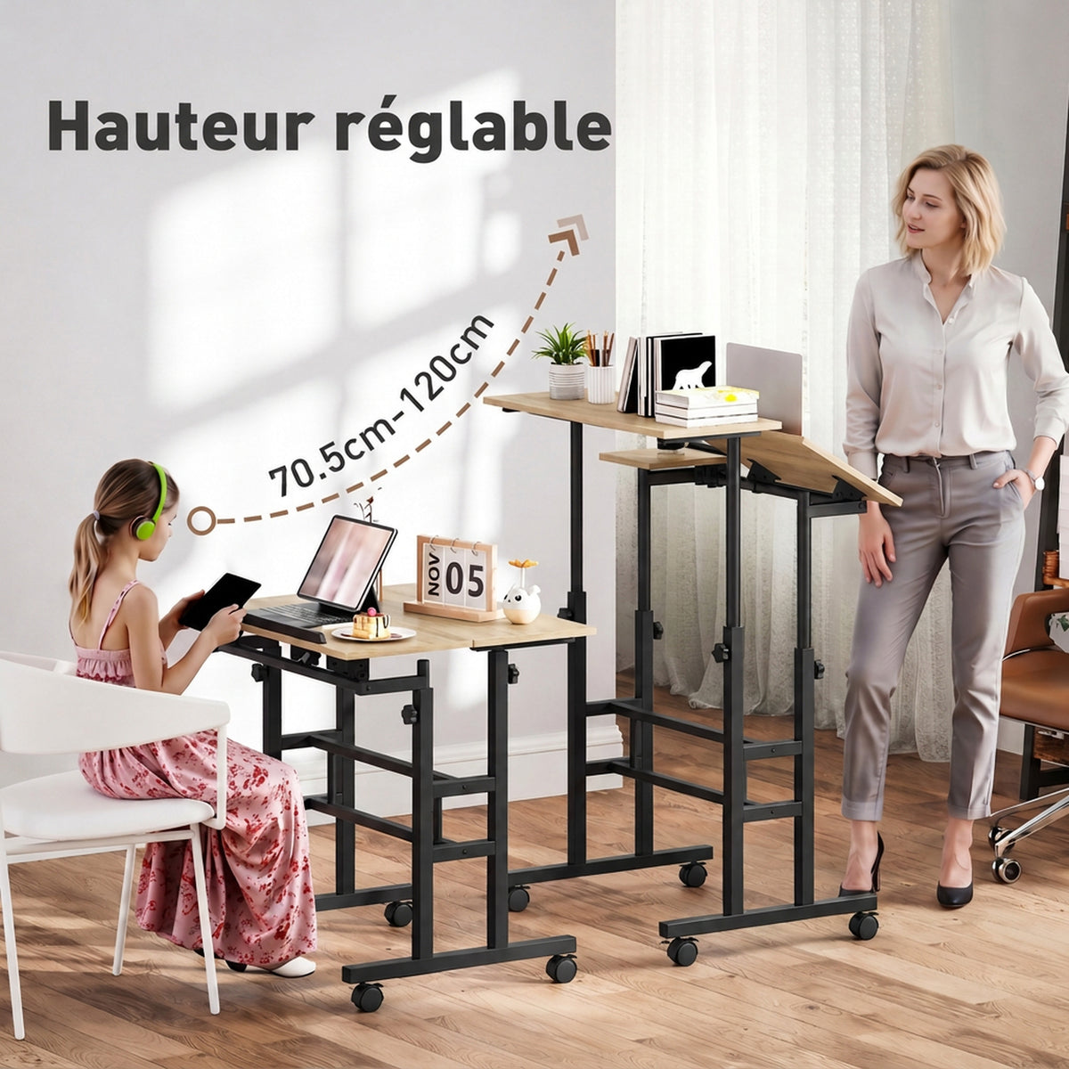 Bureau assis debout bureau réglable en hauteur 70 x 60 cm à roulettes avec plateau inclinable cadre en métal marron-3