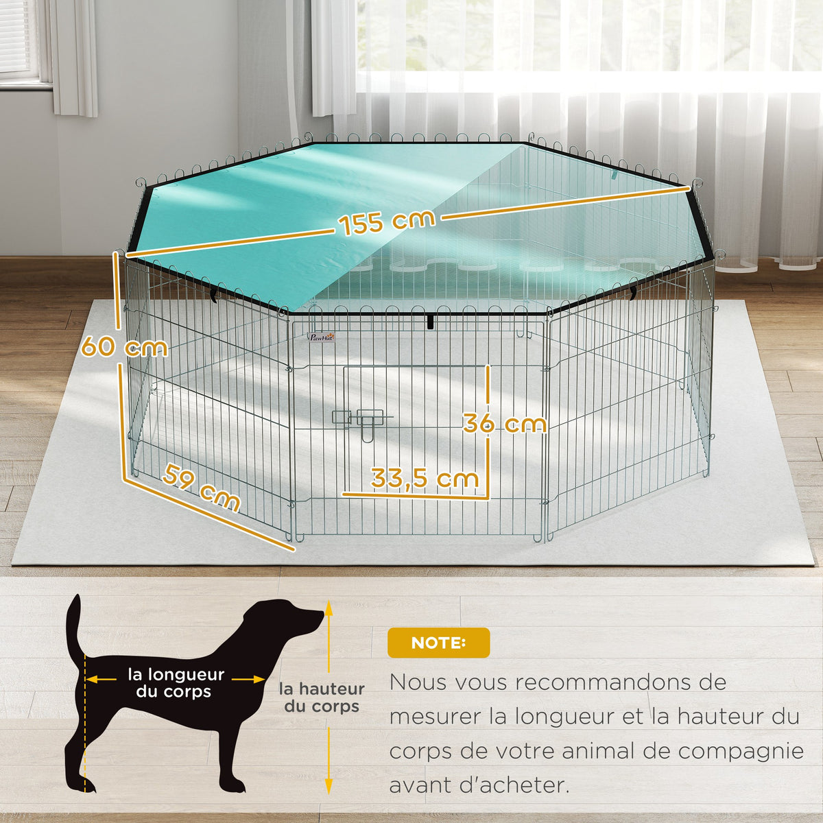Parc pour chien, enclos chien 8 panneaux avec toit, modulable et pliable, enclos portable 60H cm avec porte argent vert-2