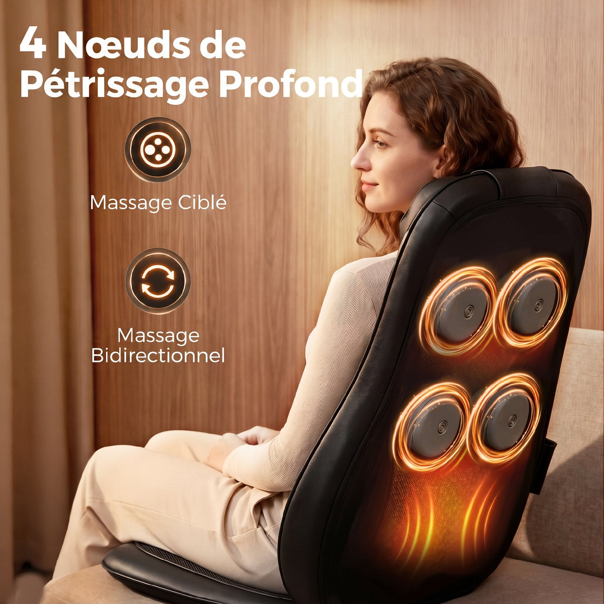 Masseur Dorsal Chauffant, Fauteuil de Massage Tissulaire Profond Vibration 3 Niveaux, Coussin de Massage-4
