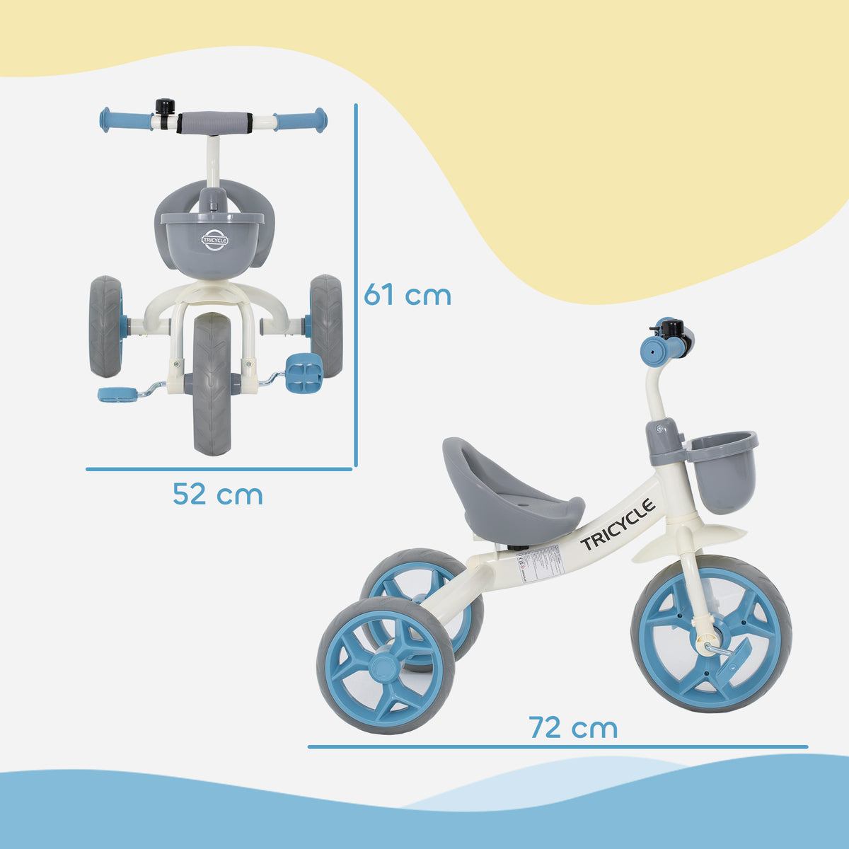 Tricycle enfant évolutif, tricycle pour enfants de 2 à 5 ans avec panier avant et roues EVA, 72 x 52 x 61 cm, bleu-2