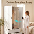 Armoire chambre penderie avec 2 portes à fermeture douce, 2 tiroirs et barre de suspension, 80x50x180cm, blanc-5