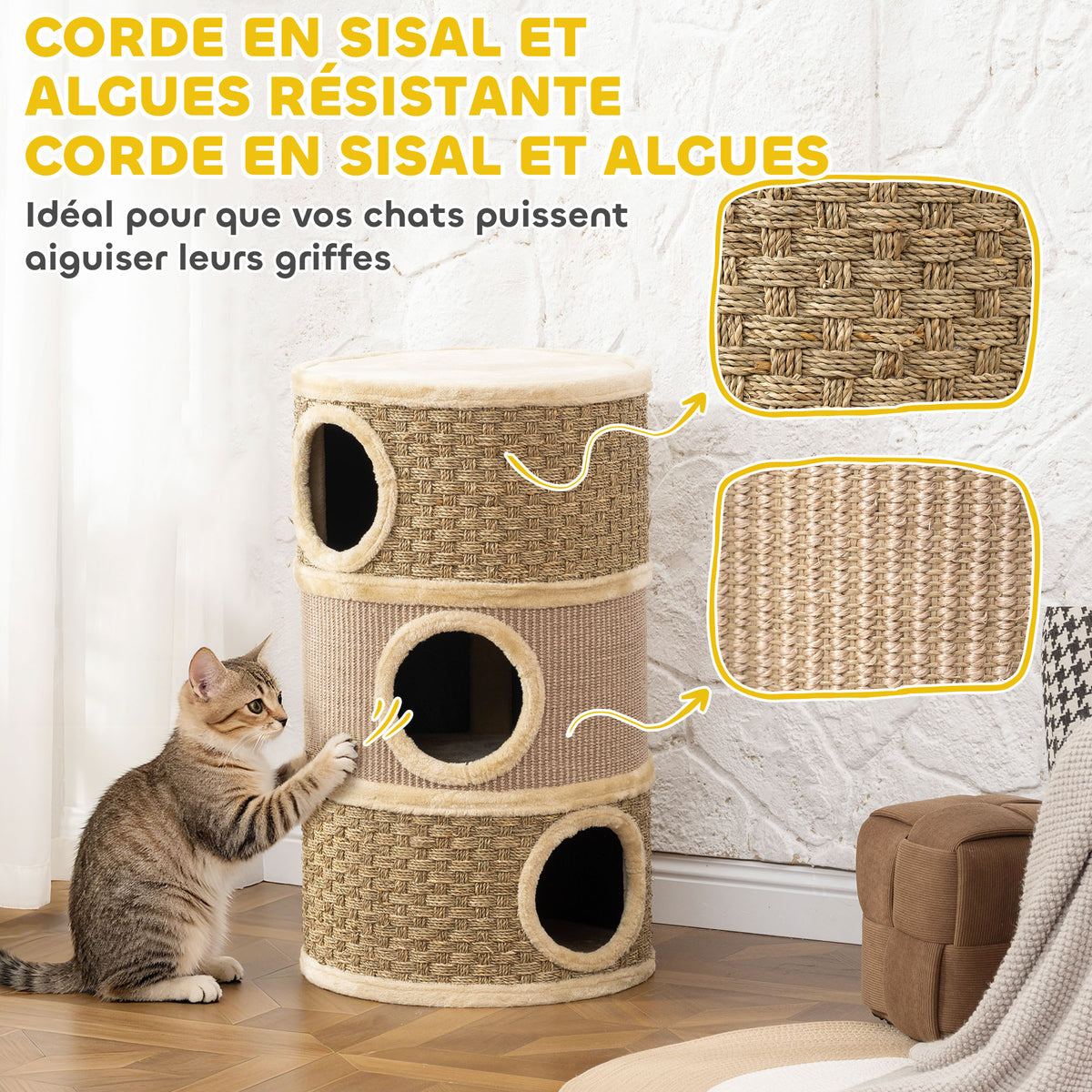 Tonneau à Gratter pour Chat Arbre à Chat Sisal Naturel et Herbiers Marins Recouvert de Peluche 45 x 45 x 79cm Kaki Café-5