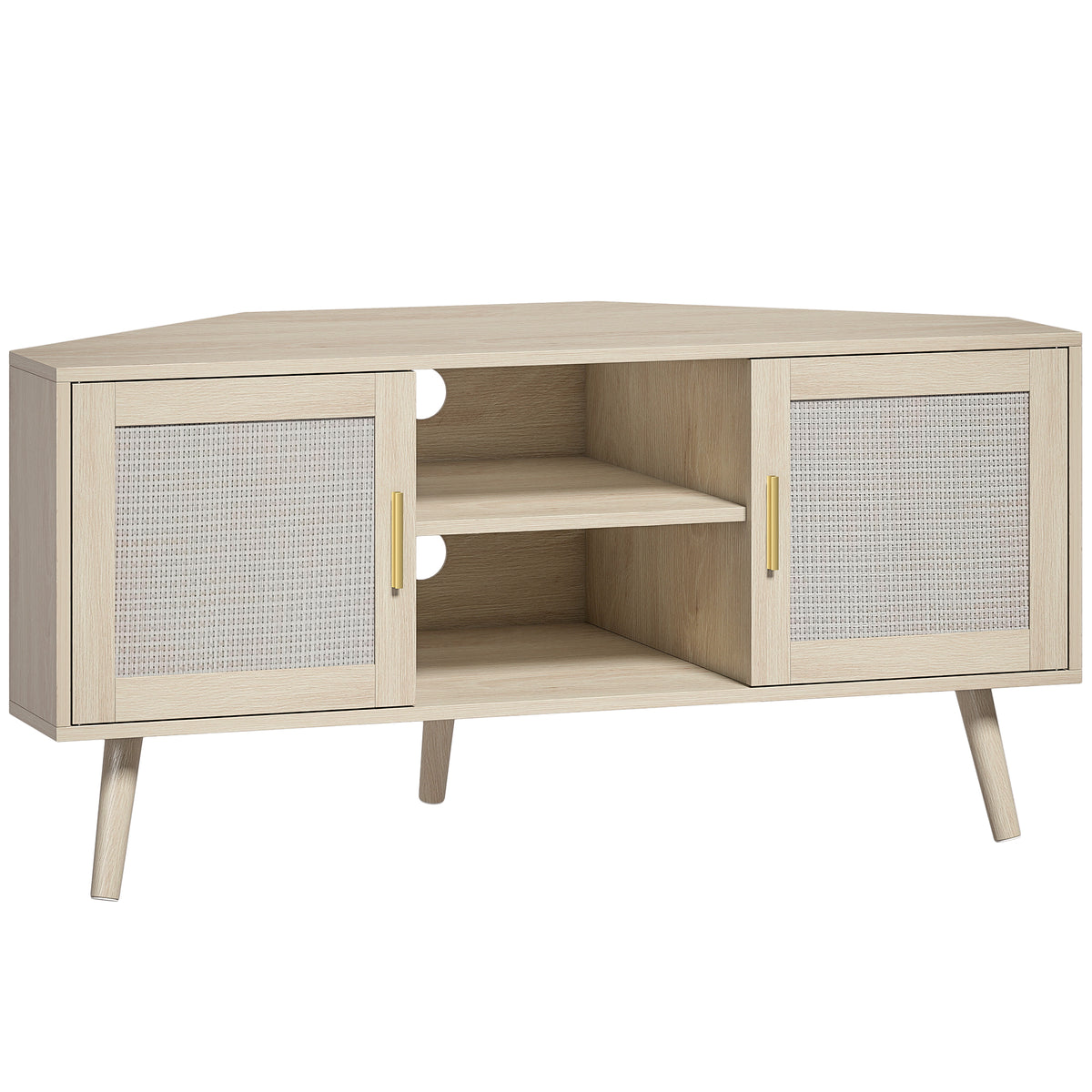Meuble TV d'Angle 115 cm, Meuble Télé pour Téléviseur jusqu'à 65 Pouces, 2 Portes en Rotin 2 Compartiments, Chêne-0