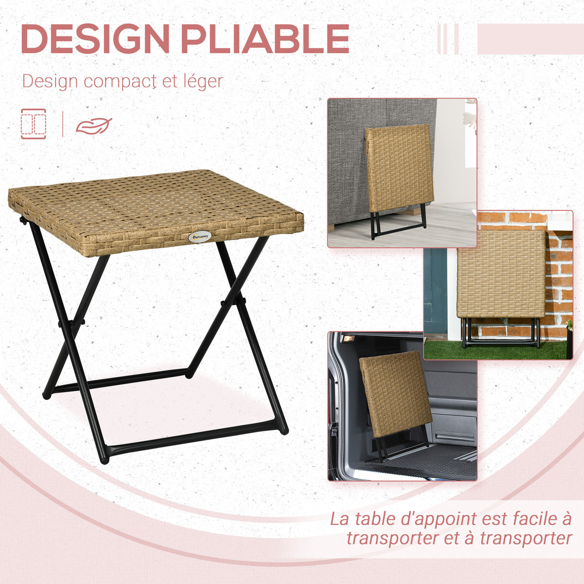 Table basse pliable de jardin style cosy chic dim. 40L x 40l x 40H cm métal époxy résine tressée bois naturel-3