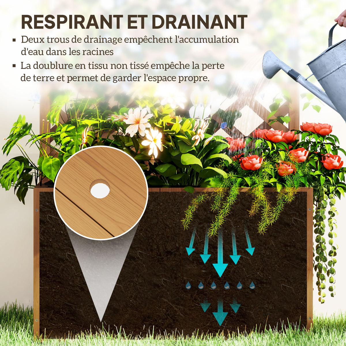 Jardinière avec treillis, bac à fleurs en bois massif avec trous de drainage et doublure, 64 x 33 x 122 cm, bois naturel-4