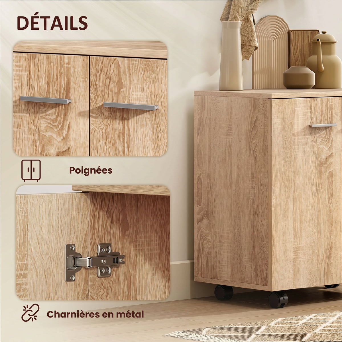 Meuble de Rangement Buffet bas sur roulettes avec 2 Portes étagère Interne 60 x 35 x 65 cm bois naturel-5