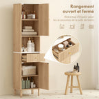 Armoire salle de bain haute meuble de rangement colonne avec tiroir coulissant silencieux 2 placards 41,5x30x168cm chêne-4