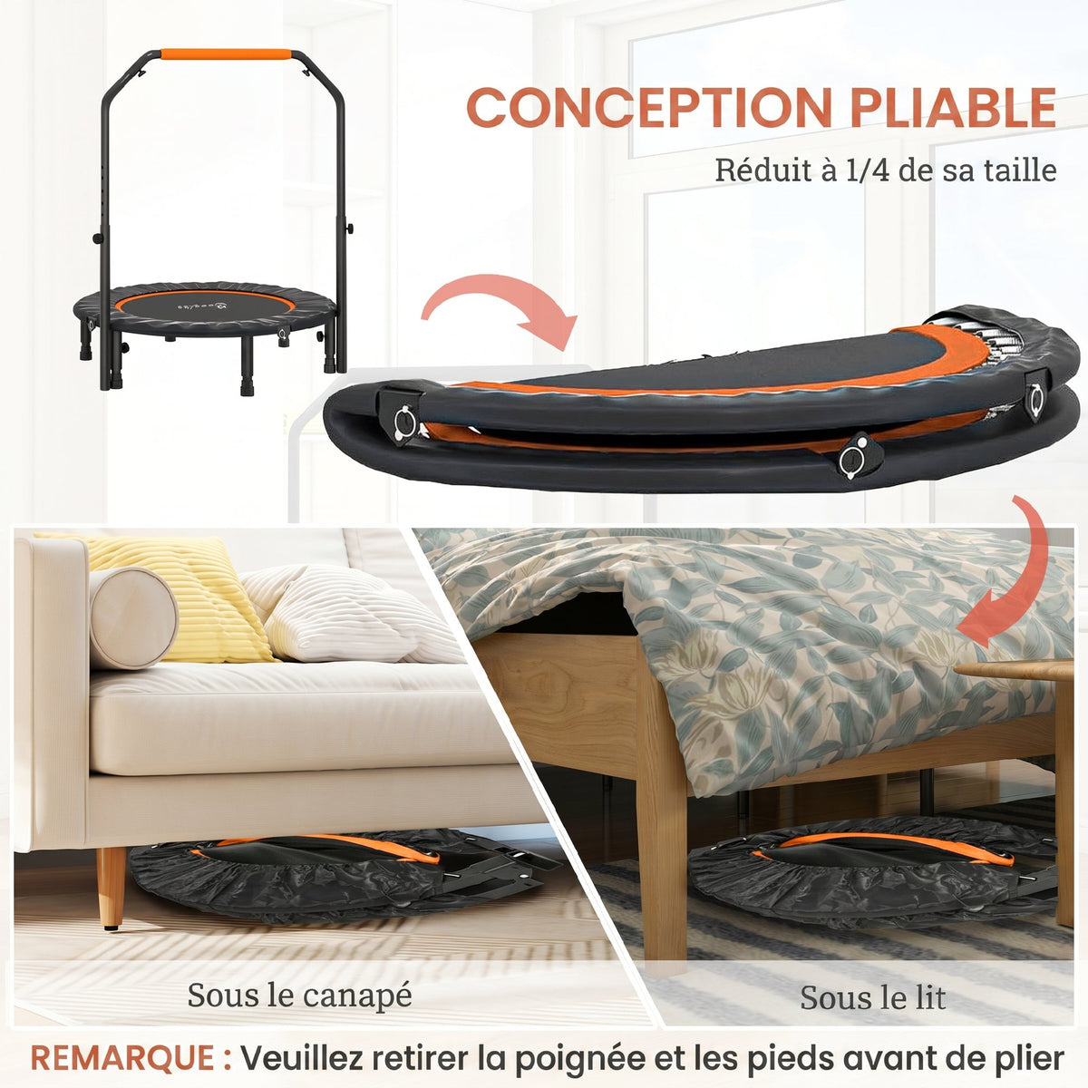Trampoline de fitness gymnastique avec poignée réglable, pliable, 6 pieds, 28 ressorts Ø 102 cm, noir orange-4
