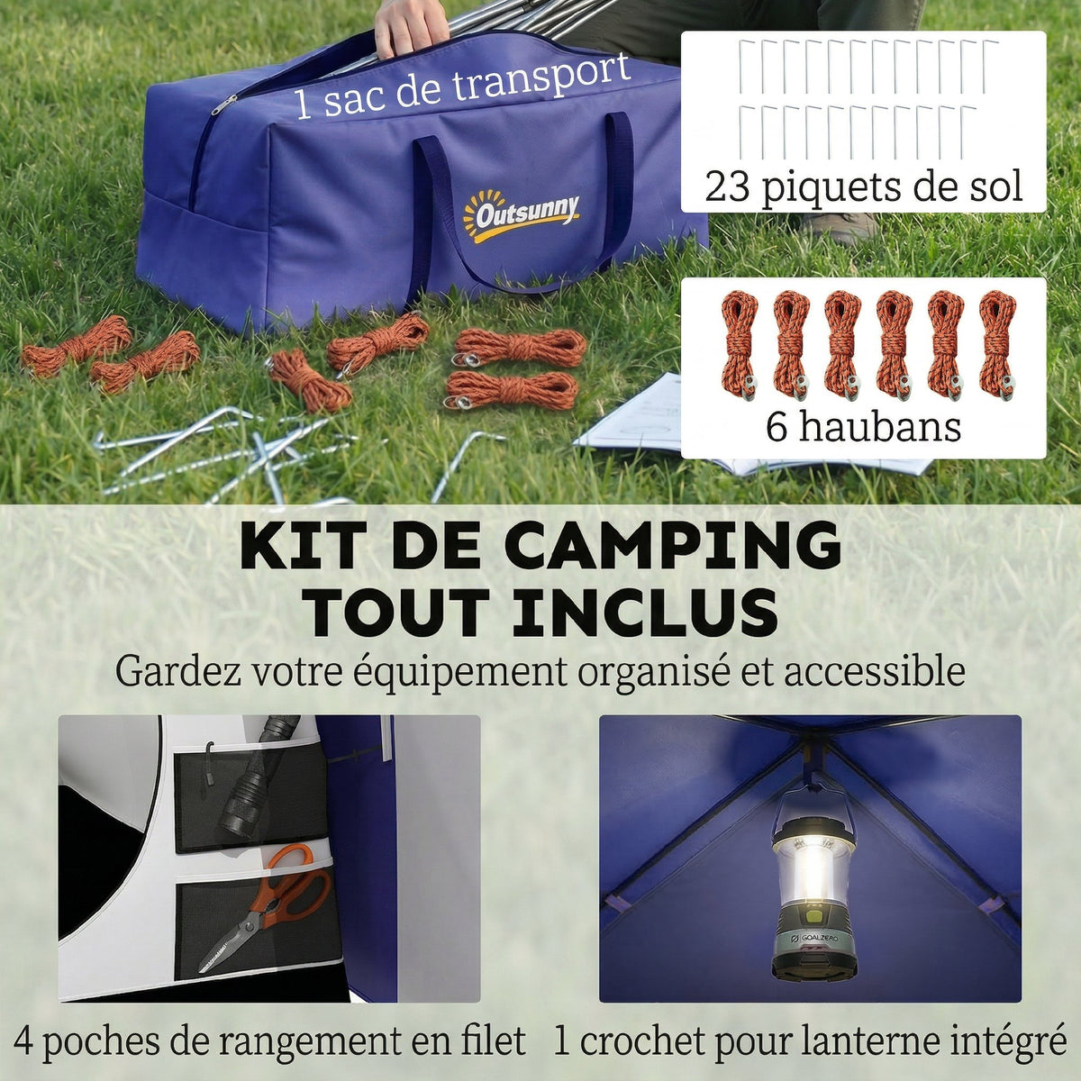 Tente de Camping pour 4 Personnes, 2 Chambres, Imperméable 3000mm, avec Tapis de Sol et Sac, 420x300x200cm, Bleu Foncé-7