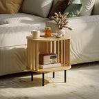 Table d'appoint ovale bout de canapé rangement ouvert pieds en acier design à lattes 50x39x50cm effet bois naturel-7