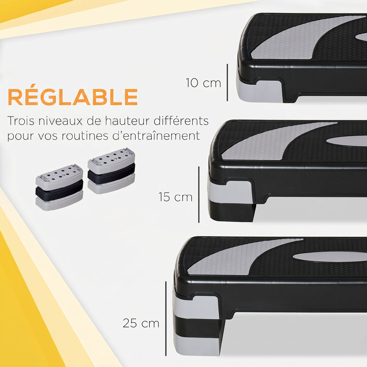 Stepper Fitness Aérobic hauteur réglable 10/15/20 cm surface antidérapante 80 x 31 x 20 cm plastique noir gris-3