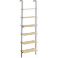 Étagère échelle mural bibliothèque style industriel 6 étagères acier noir aspect bois naturel dim. 60L x 30l x 206H cm-0