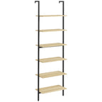 Étagère échelle mural bibliothèque style industriel 6 étagères acier noir aspect bois naturel dim. 60L x 30l x 206H cm-0