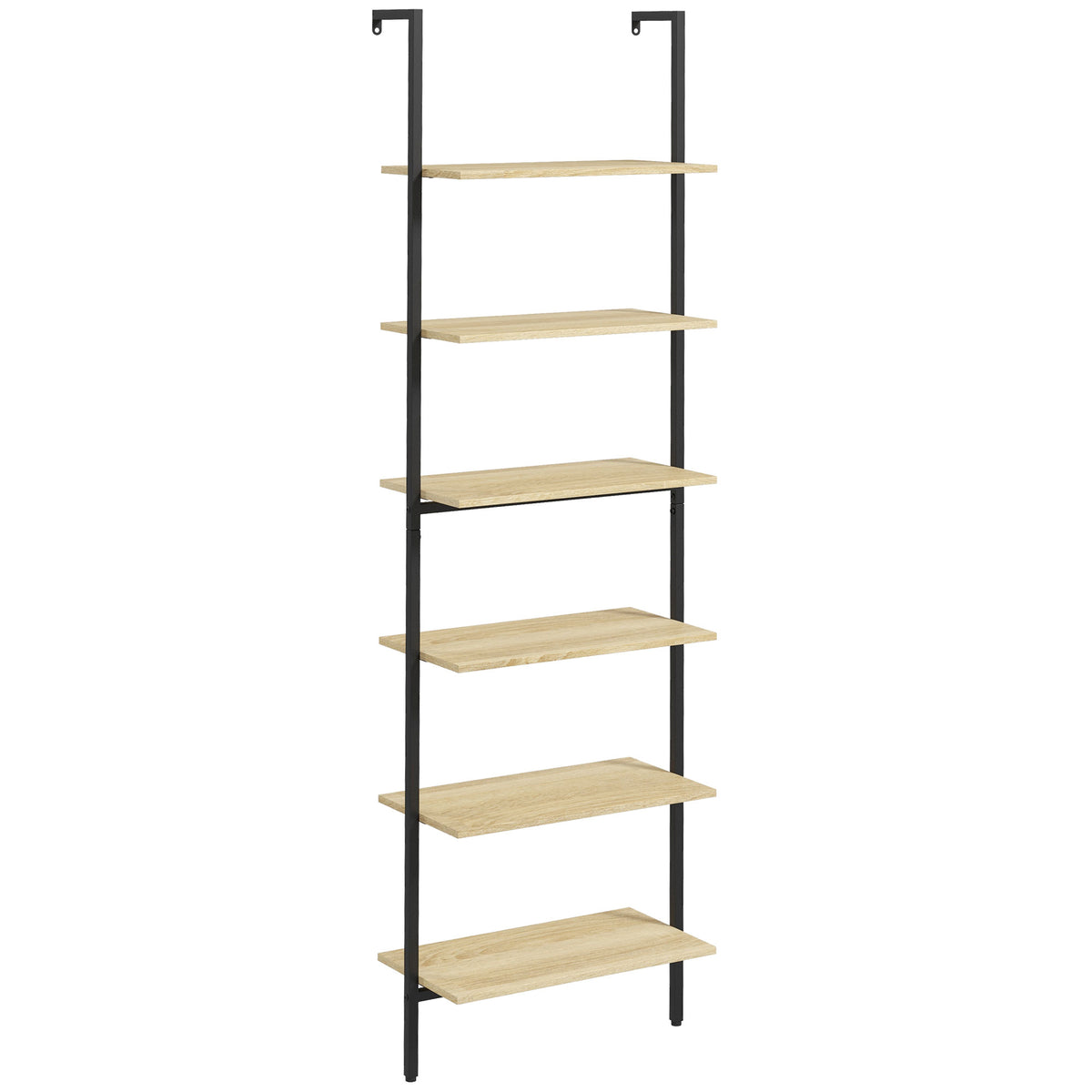 Étagère échelle mural bibliothèque style industriel 6 étagères acier noir aspect bois naturel dim. 60L x 30l x 206H cm-0