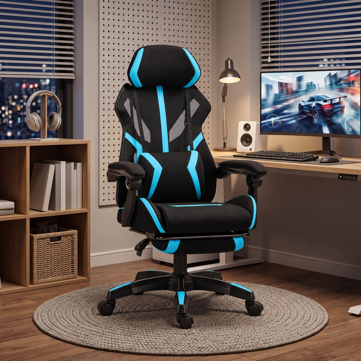 Chaise Gaming Ergonomique, Fauteuil Gaming Inclinable en Maille avec Appui-Tête Réglable, Soutien Lombaire, Noir et Bleu-1
