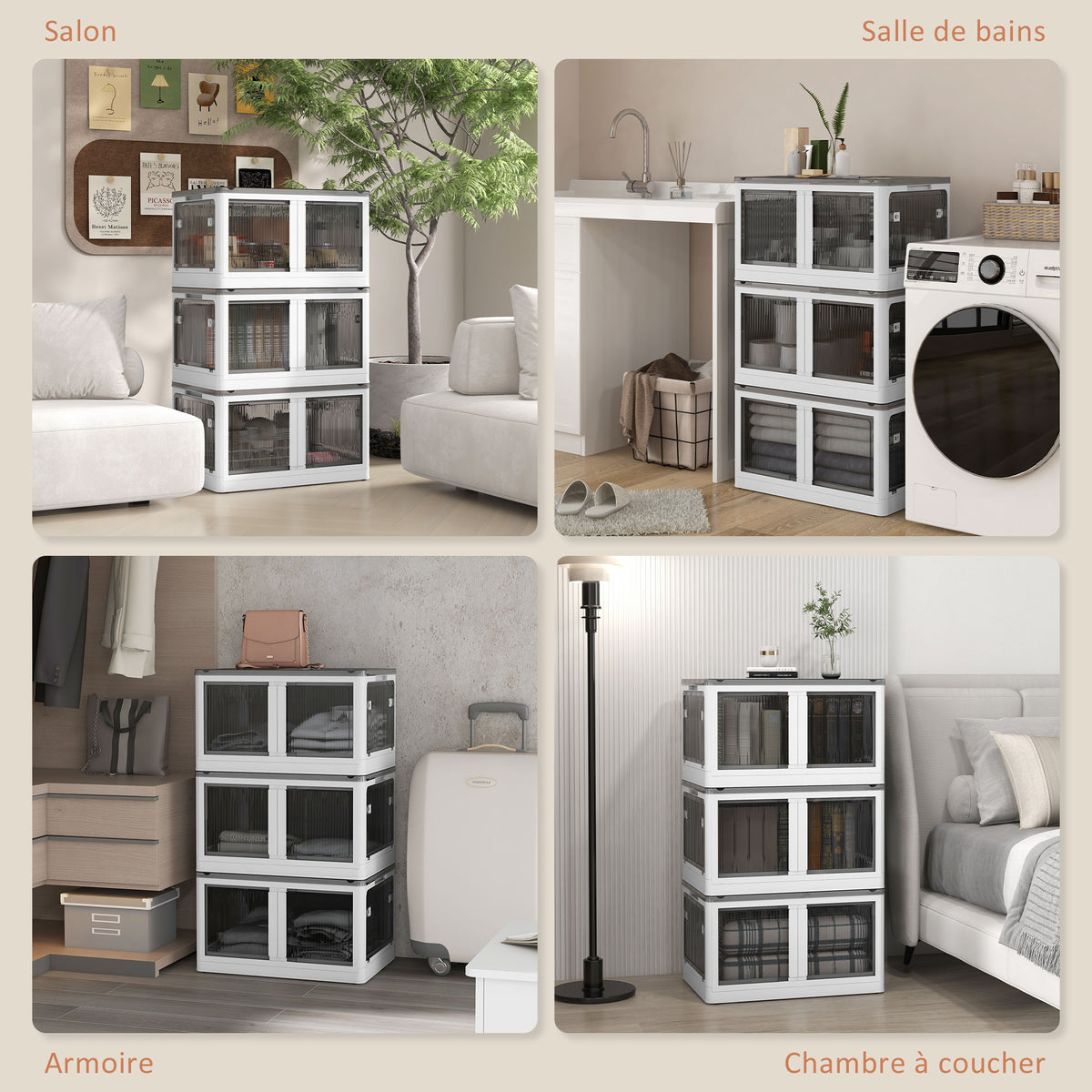 Boîtes de rangement pliables et empilables 69L en plastique avec couvercle et 4 roulettes, accès à 5 côtés, blanc-6