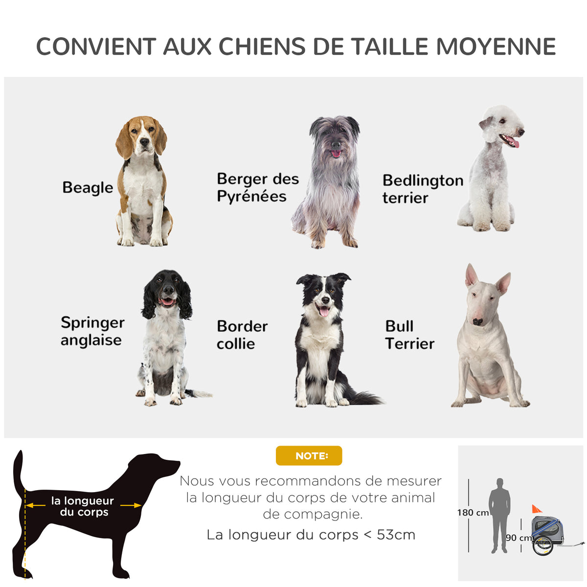Remorque vélo pour chien animaux 8 réflecteurs drapeau barre attelage inclus acier polyester imperméable max. 30 Kg 130L x 73l x 90H cm bleu-6