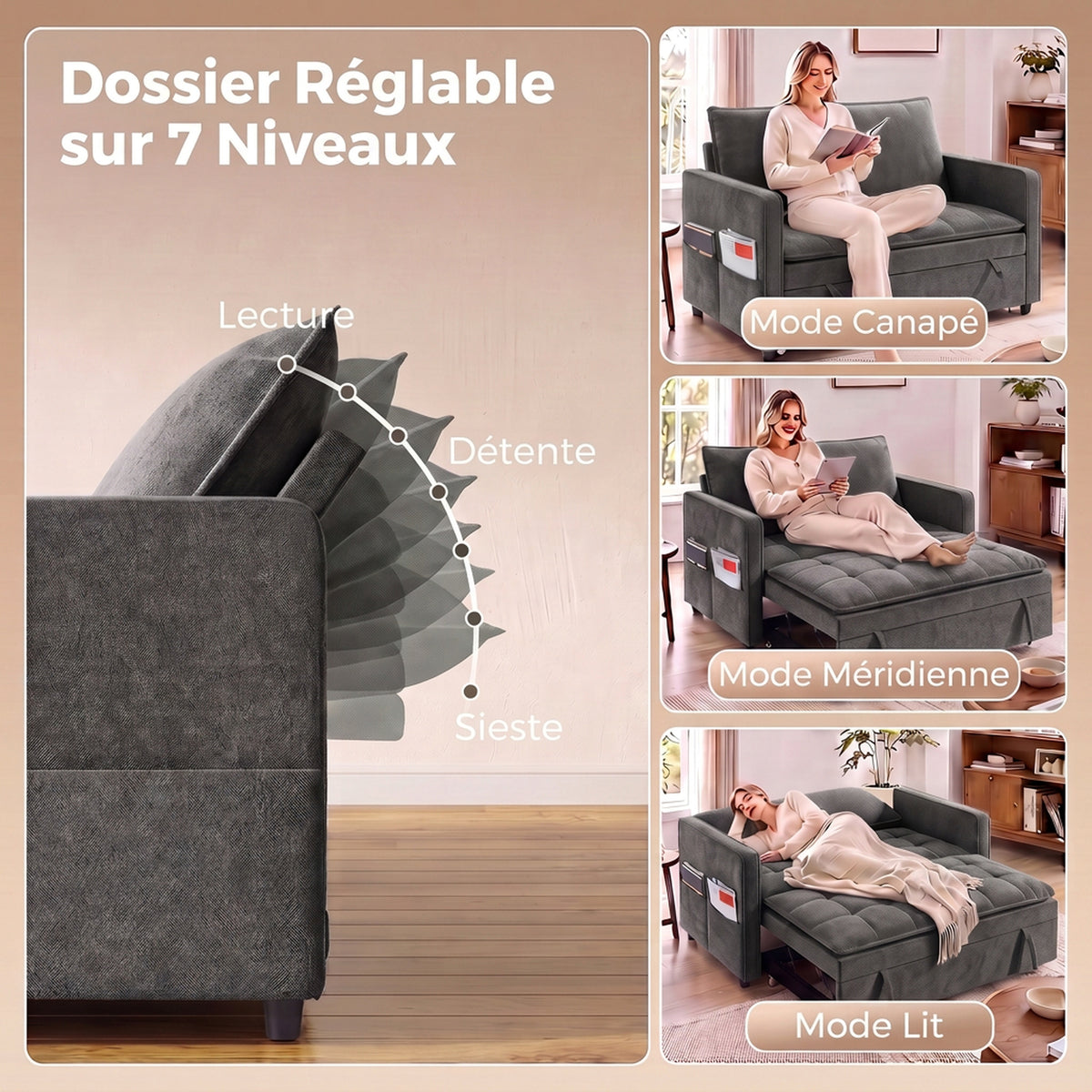 Canapé Convertible 2 Places, Canapé-Lit Clic-Clac 130 cm, Dossier Réglable, Poches Latérales, Gris Foncé-4