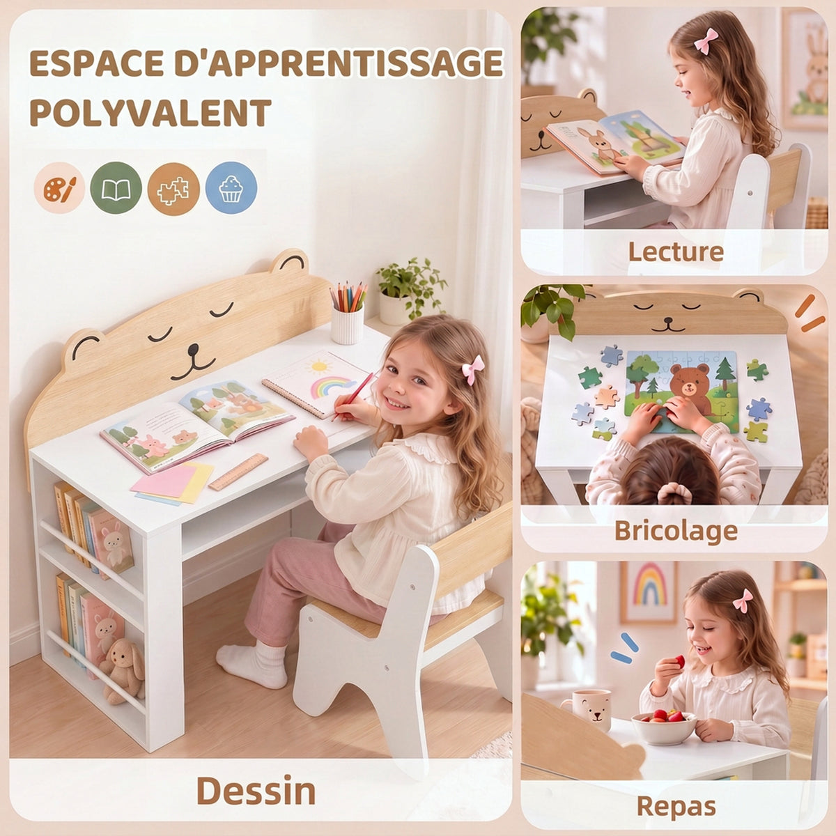 Bureau et Chaise pour Enfant 2 Pièces, Ensemble Table d'Activité avec Bibliothèque pour Dessin, Lecture et Jeux, Blanc-3