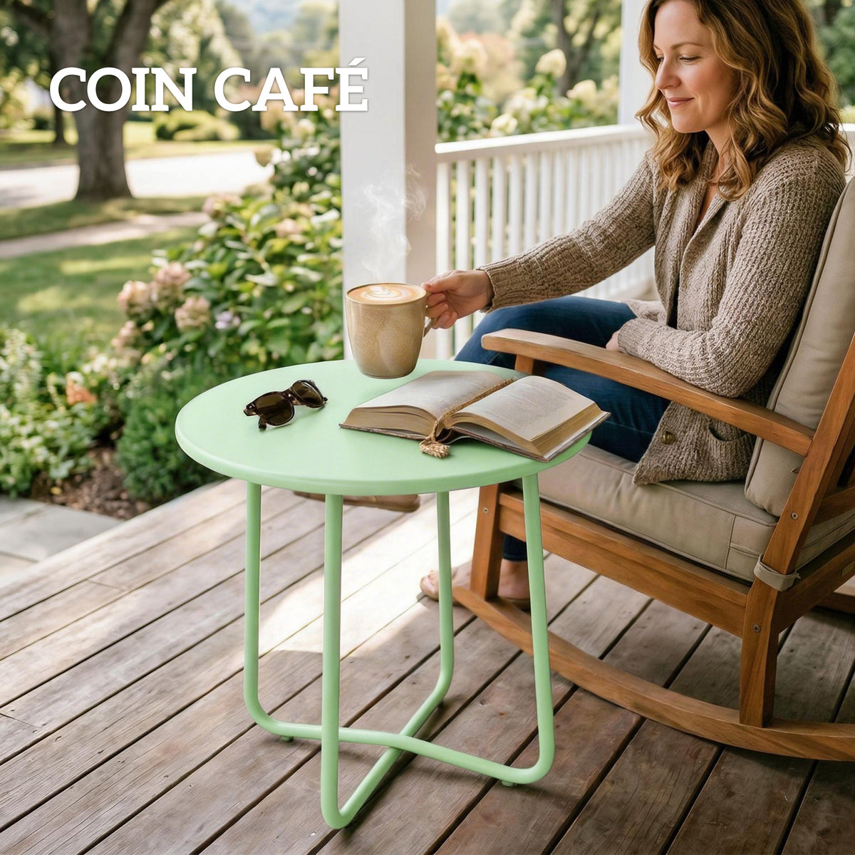 Table Basse Extérieure avec Bord Enroulé, Base en X avec Pieds Réglables en Hauteur, pour Salon Terrasse, Ø48x51cm, Vert-6