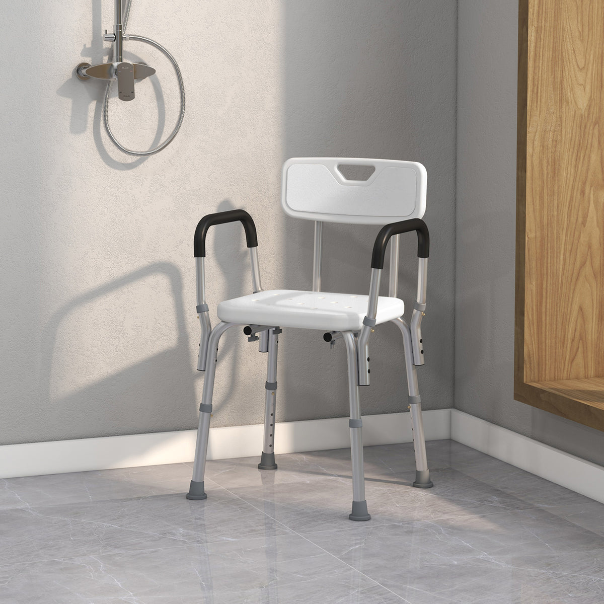 Chaise de Douche siège de Douche Ergonomique Hauteur réglable Pieds antidérapants Dossier accoudoirs Amovibles Charge Max. 136 Kg alu HDPE Blanc-1