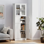 Meuble de salle de bain, meuble de rangement 6 niveaux, 6 portes dont 2 vitrées, étagères réglables, 60x30x170cm, blanc-7