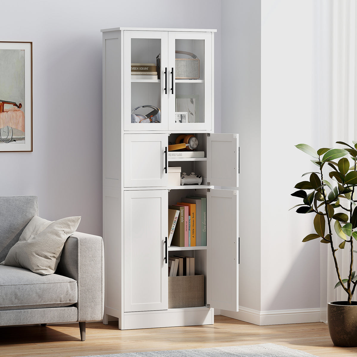 Meuble de salle de bain, meuble de rangement 6 niveaux, 6 portes dont 2 vitrées, étagères réglables, 60x30x170cm, blanc-7