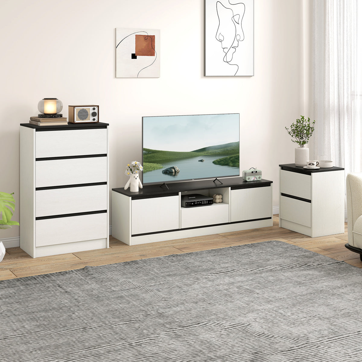 Meuble TV pour Télévision jusqu'à 60" avec 2 Armoires, 1 Étagère Ouverte, 1 Tiroir, Moderne, 140x35x40cm, Noir et Blanc-8