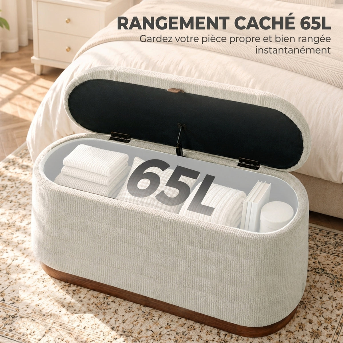 Banc de Rangement Ovale Moderne en Tissu Chenille, Bout de Lit Coffre Charge 220 kg, 91 x 40,5 x 45 cm, Beige-4