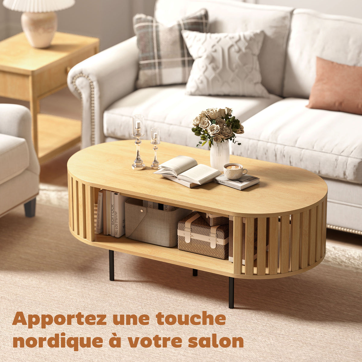 Table basse ovale, table de salon avec rangement, coins arrondis, design lattes, 100 x 50 x 40 cm, effet bois naturel-4