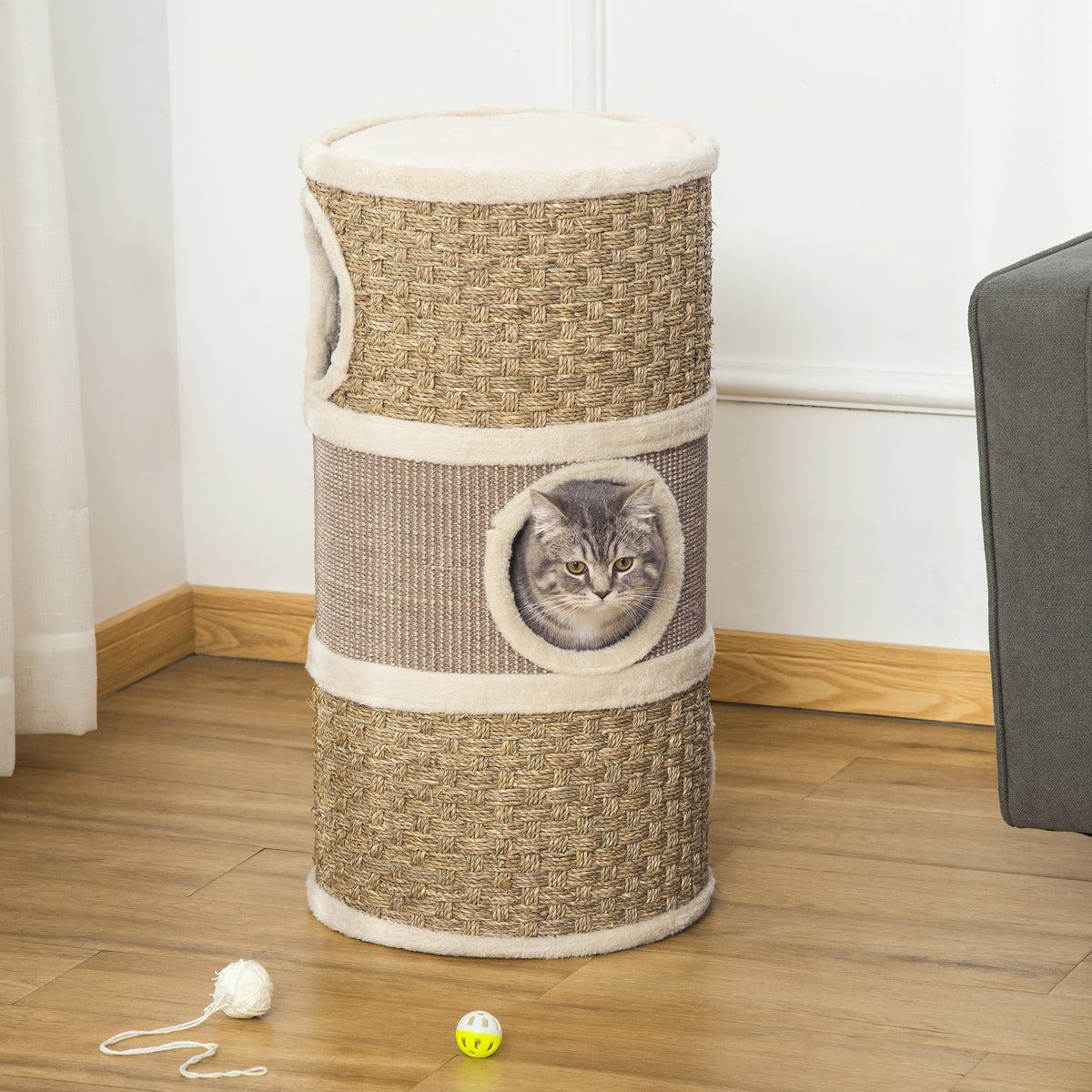 Tonneau à Gratter pour Chat, Arbre à Chat Sisal Naturel et Herbiers Marins Recouvert de Peluche, 37,5 x 37,5 x 70 cm, Kaki et Café-1