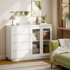 Buffet salon, meuble de rangement avec 4 tiroirs et 2 portes en verre trempé, étagère réglable, 120 x 40 x 91 cm, blanc-9