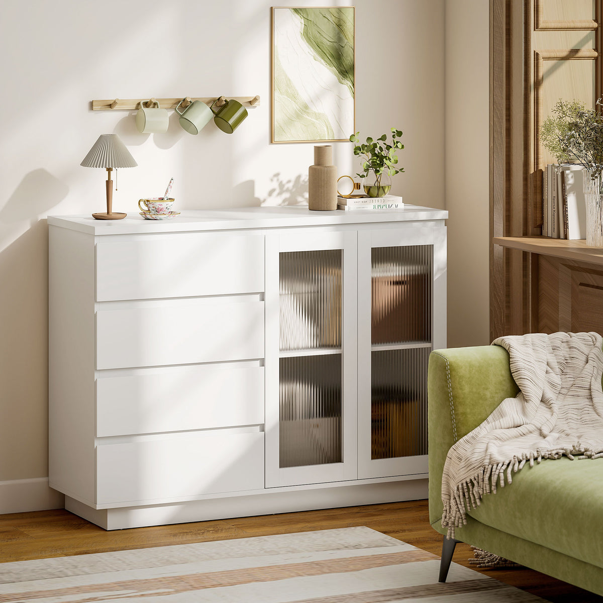 Buffet salon, meuble de rangement avec 4 tiroirs et 2 portes en verre trempé, étagère réglable, 120 x 40 x 91 cm, blanc-9