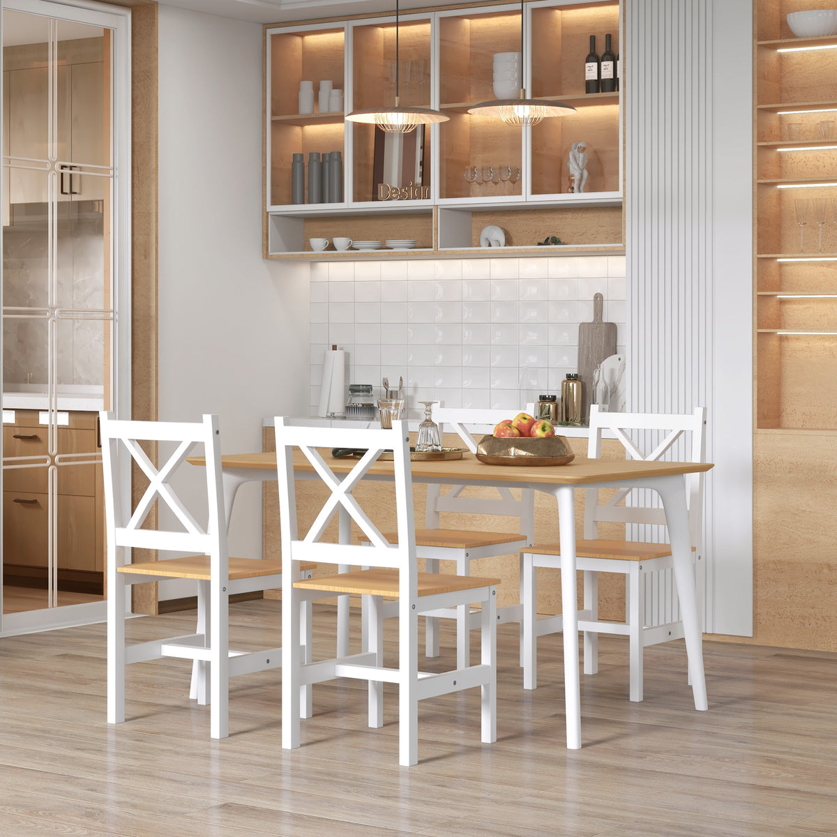 Lot de 4 chaises de salle à manger en bois massif chaise de cuisine esprit campagne dossier croisé blanc et chêne-1