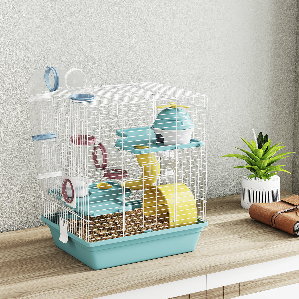 Cage hamster, cage rongeur à 3 niveaux, avec roue d'exercice, tunnel de jeu, gamelle, cabane, 34,5 x 27,5 x 41 cm, bleu-7