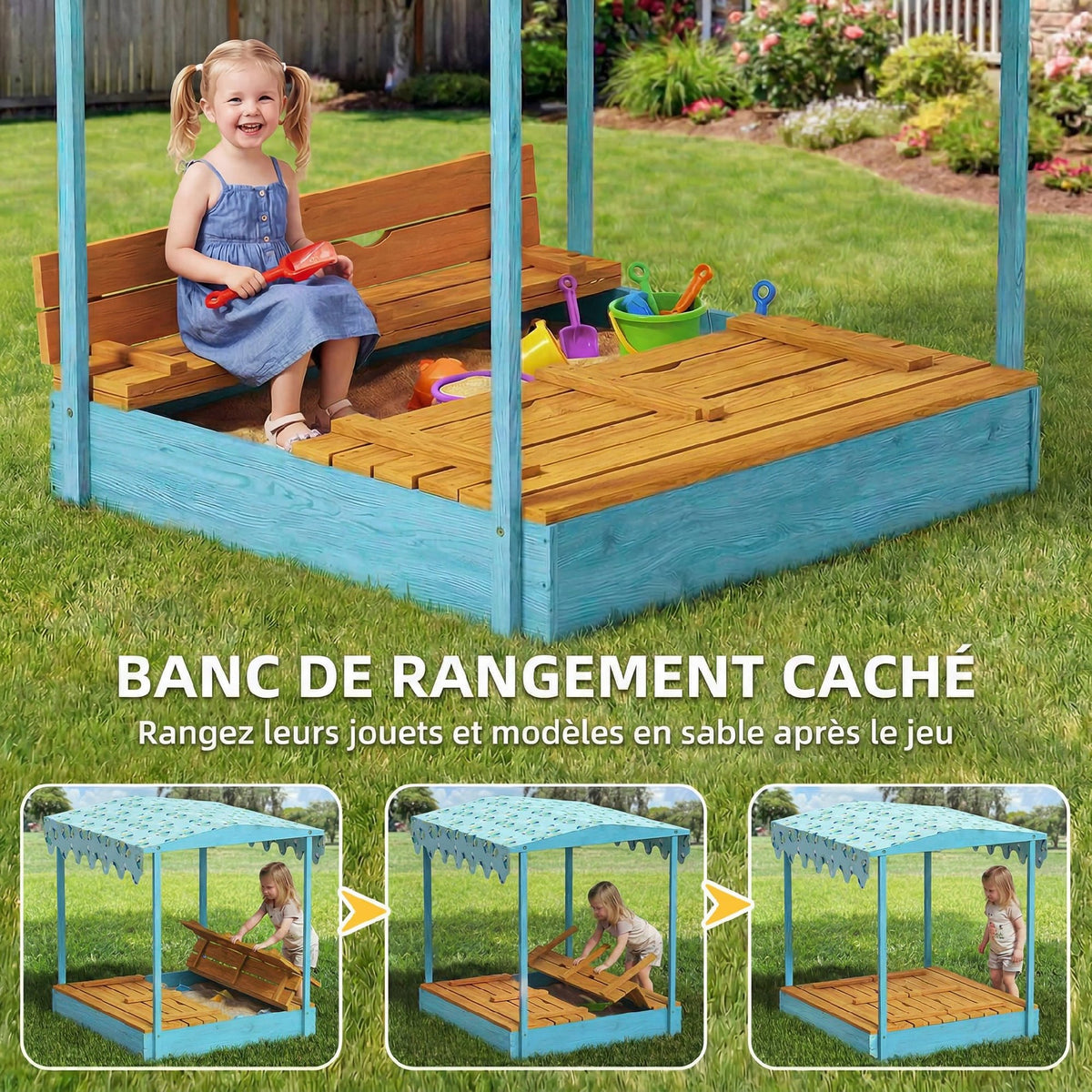 Bac à sable en bois avec couvercle, bac à sable enfant extérieur avec siège pliable toile imprimée flamants bleus-3