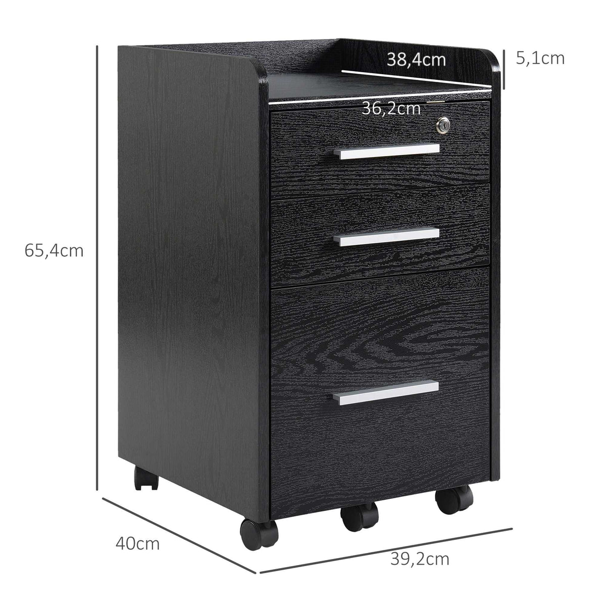 Caisson de bureau rangement bureau sur roulettes 3 tiroirs 1 verrouillable 1 trieur dossiers en bois noir-2