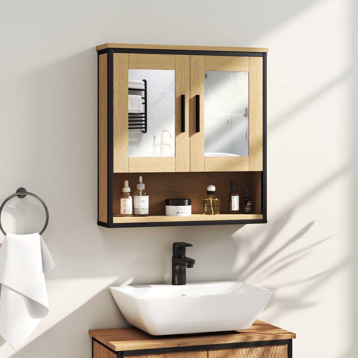 Armoire murale salle de bain avec miroir, meuble salle de bain avec compartiment ouvert et étagère réglable, chêne-9
