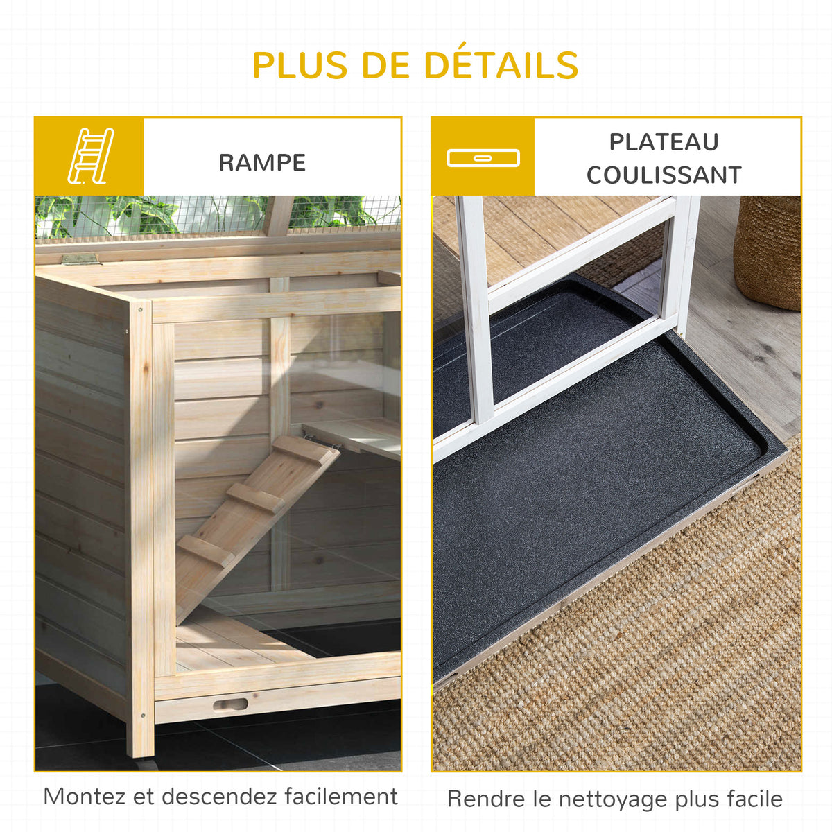 Cage à lapin clapier sur roulettes petit enclos animaux en bois massif 2 étages toit ouvrant plates-formes 91,5 x 53,3 x 73 cm bois naturel-6