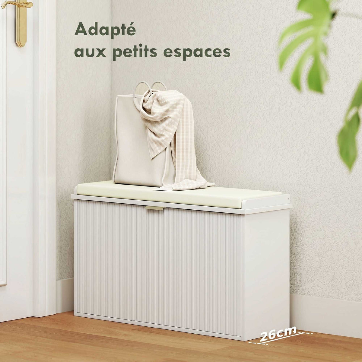 Banc à chaussures avec coussin d'assise rembourré et tiroir rabattable pour couloir, chambre, 80 x 26 x 47,5 cm, blanc-3