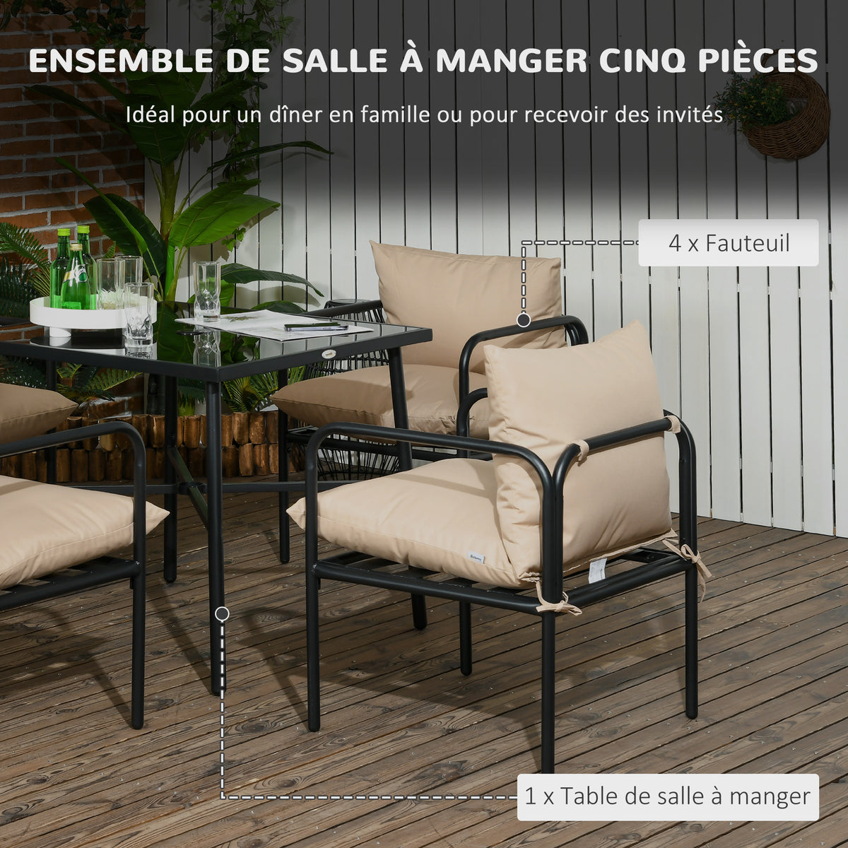 Salon de jardin ensemble table et chaises 5 pièces 1 table à manger carrée et 4 chaises 4 coussins-4