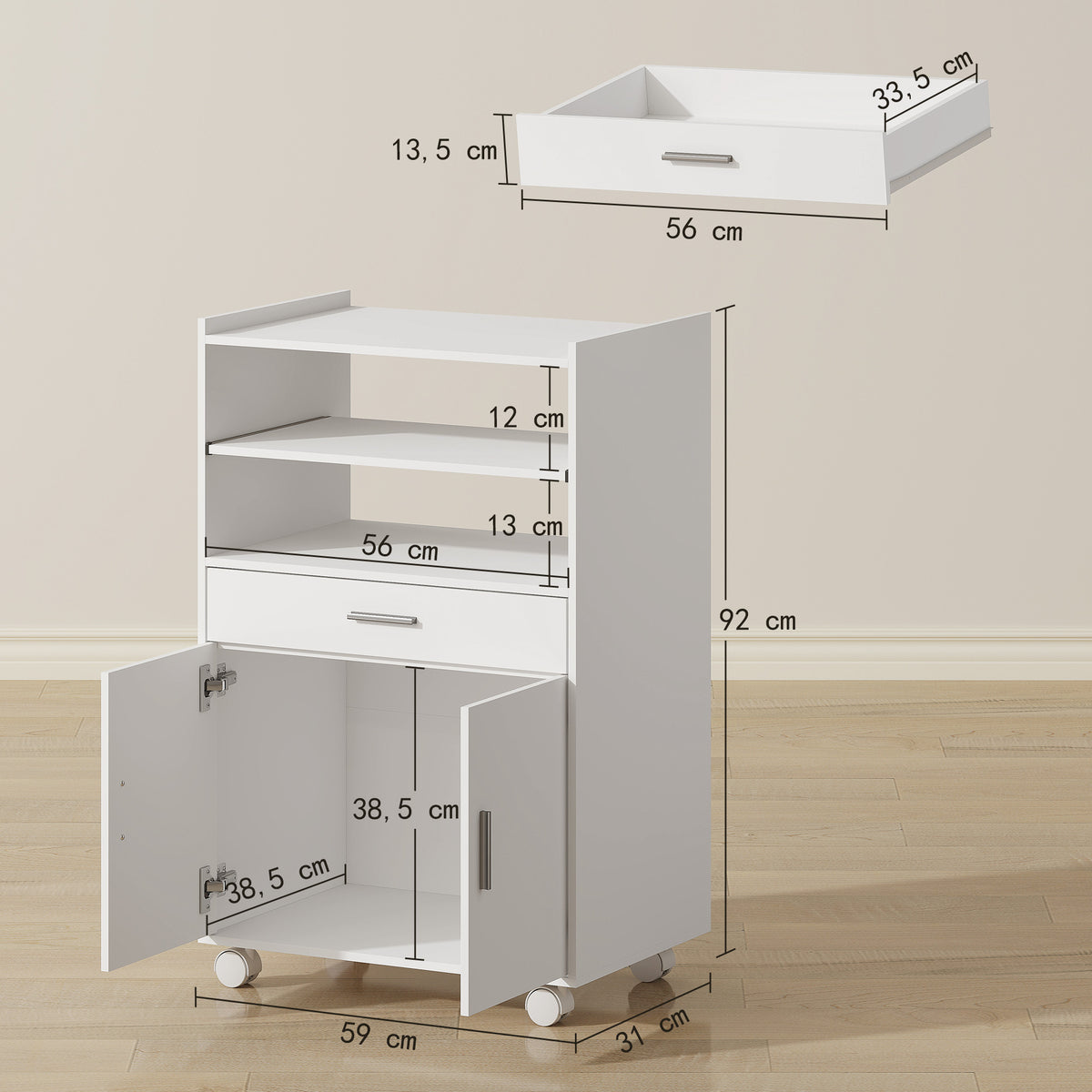 Chariot de cuisine sur roulettes, desserte micro-onde à roulettes avec placard tiroir étagères, 59 x 40 x 92 cm, blanc-2