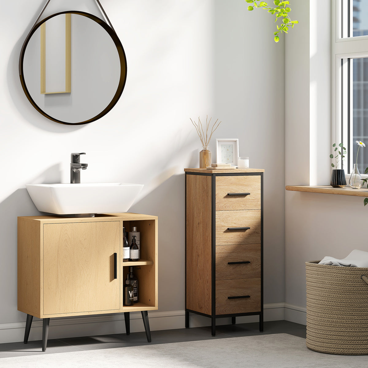 Meuble sous lavabo salle de bain avec porte à fermeture progressive et étagère réglable, 60 x 30 x 59,5 cm, chêne-1