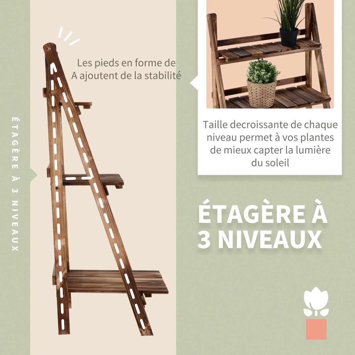 Étagère à plantes en bois forme pyramidale échelle pliante avec 3 étagères 60 x 37 x 93 cm marron-4