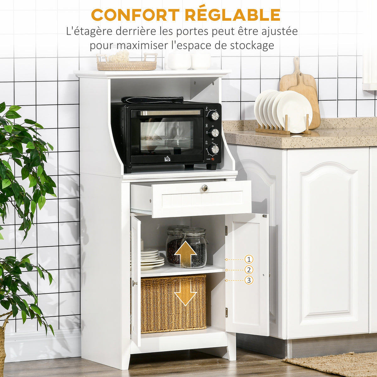 Meuble armoire micro-ondes pour cuisine avec 1 tiroir, 2 Portes 60 x 40 x 122,5 cm - MDF - Blanc-4