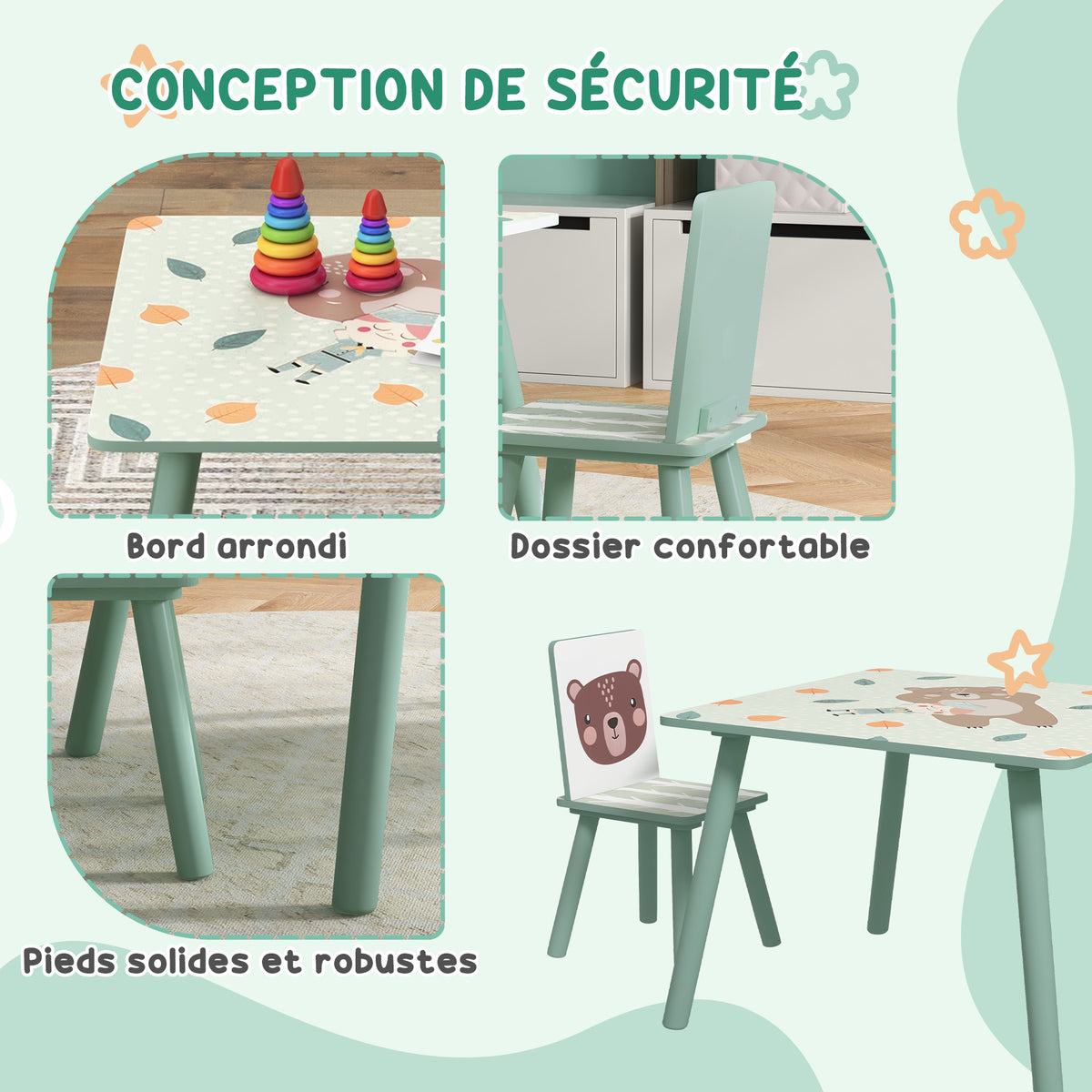 Table et 2 chaises pour enfants 3-8 ans ensemble 3 pièces motif animaux pour chambre à coucher salle de jeux vert-4