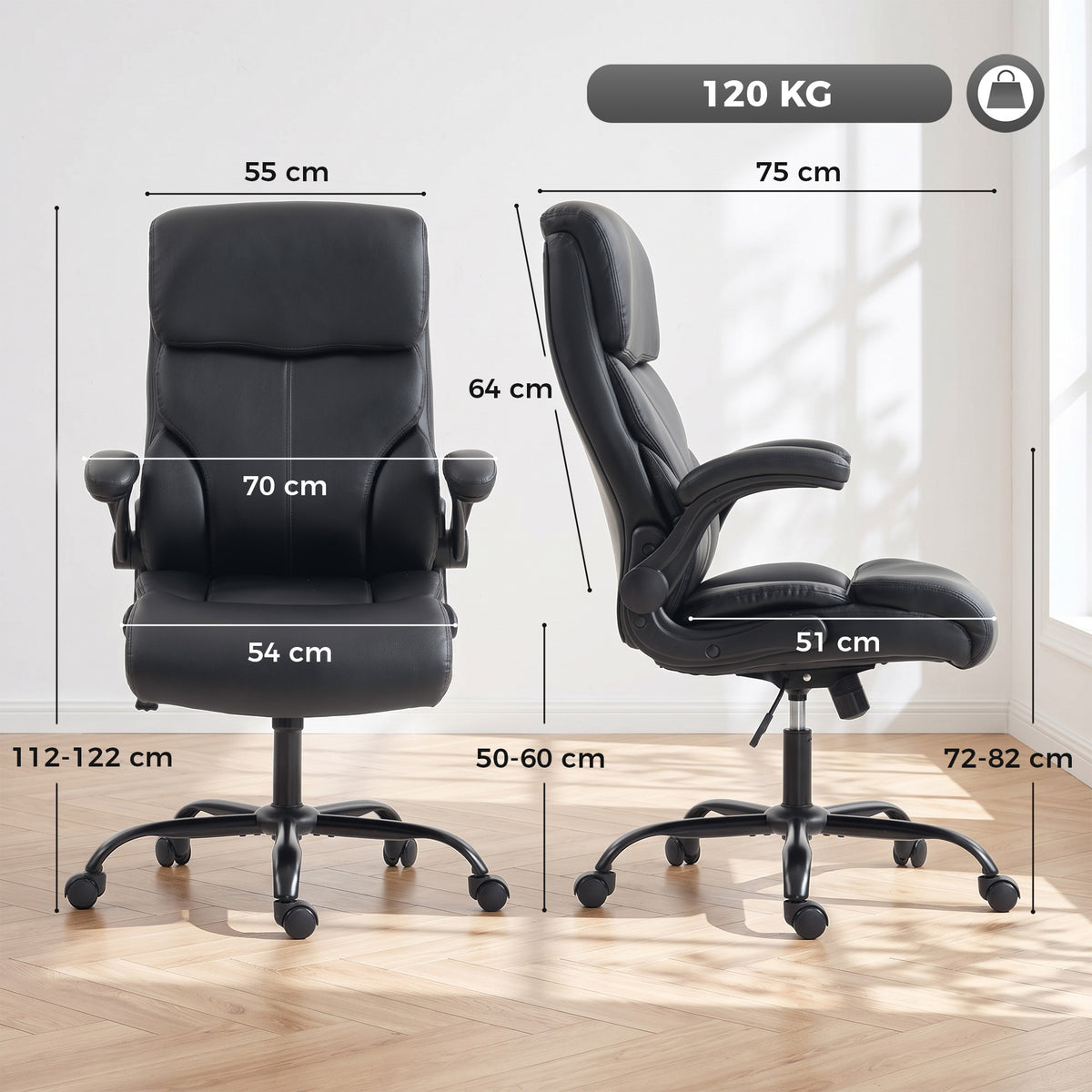 Chaise Bureau Ergonomique avec Accoudoirs Relevables, Fauteuil de Bureau en PU, Hauteur Réglable, Fonction Bascule, Noir-2
