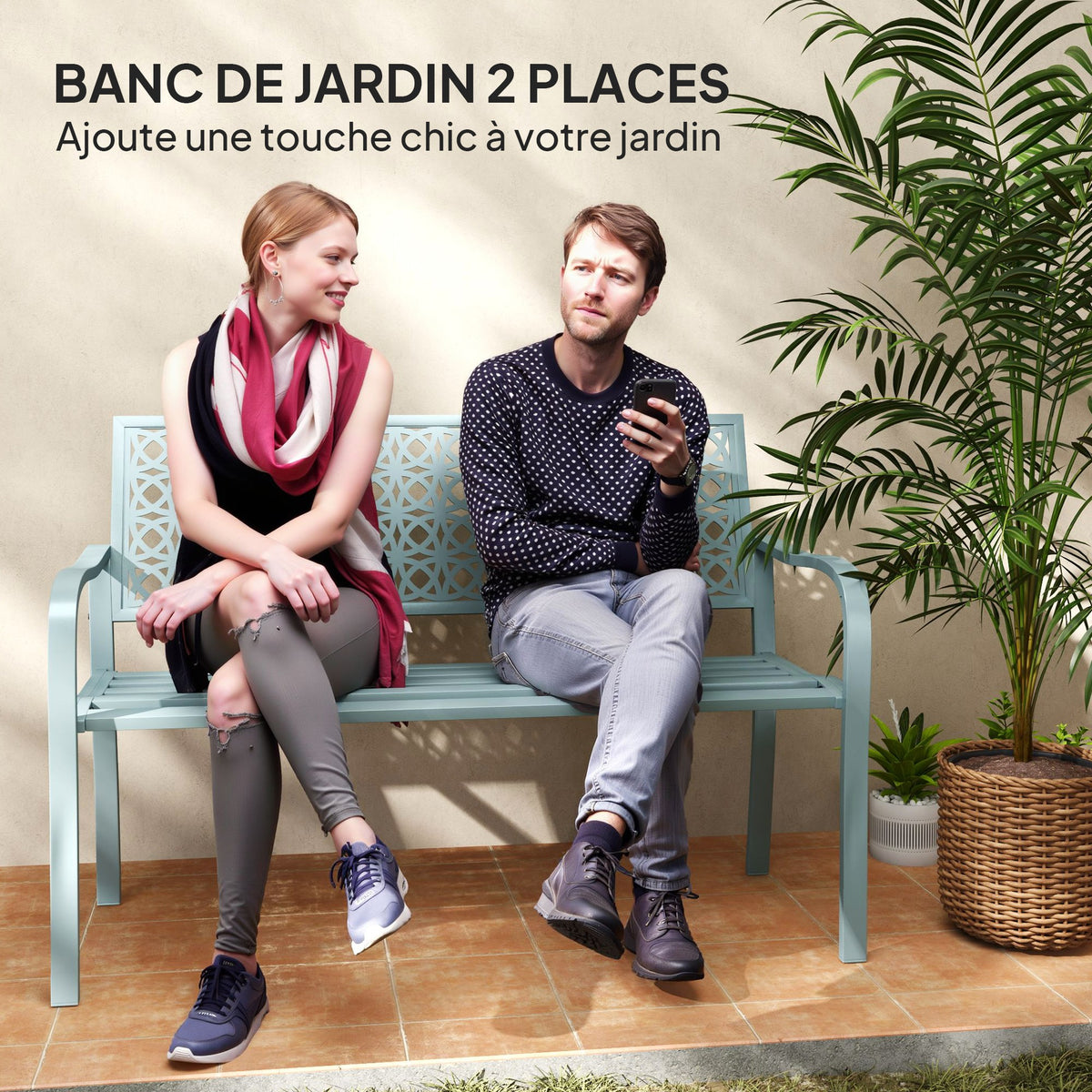 Banc de jardin 2 places, banc extérieur jardin en acier avec dossier ajouré, 127 x 63 x 85 cm, bleu-3